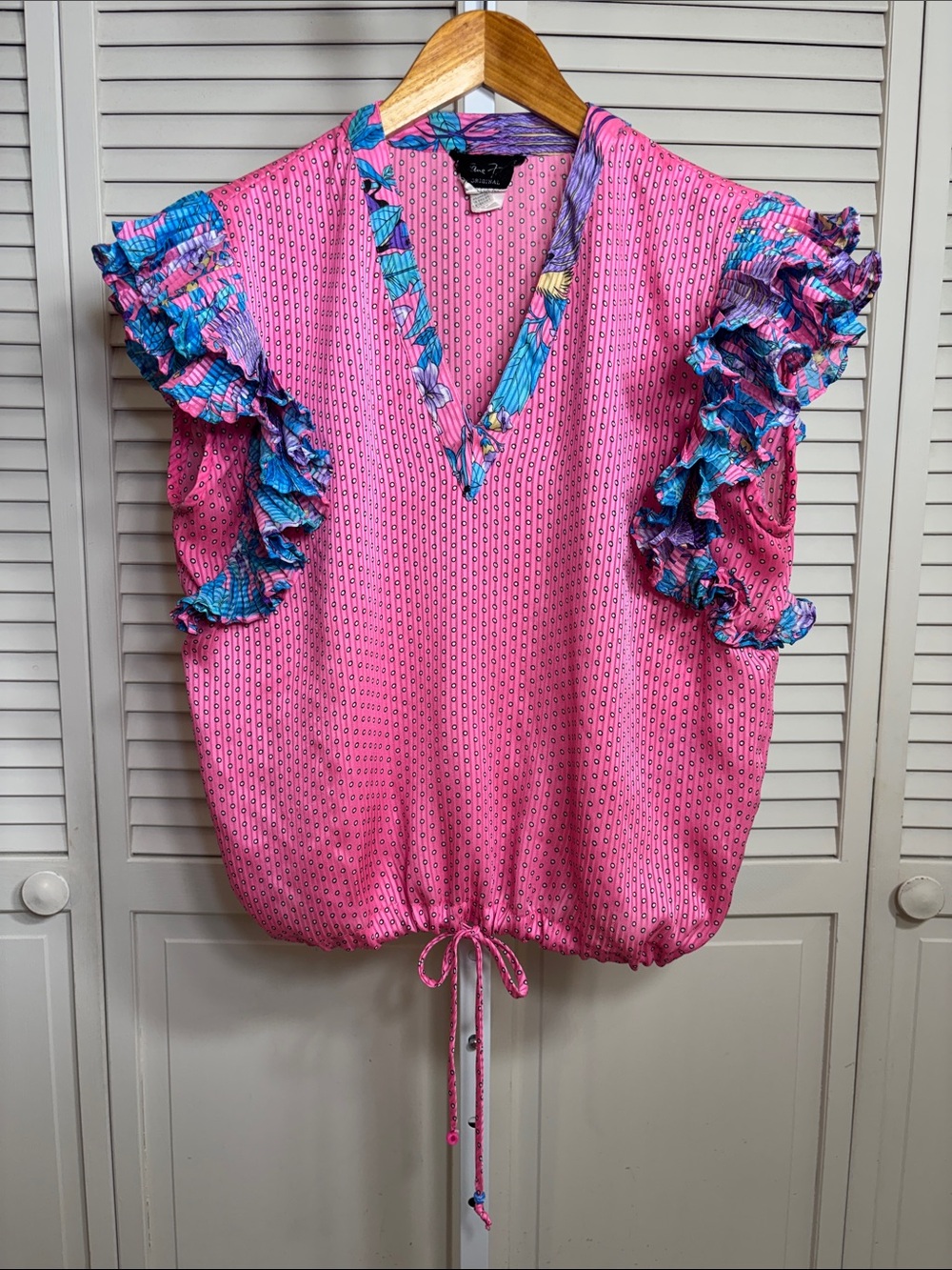Vintage Diane Freis Ruffled V-Neck Drawstring Blouse Medium